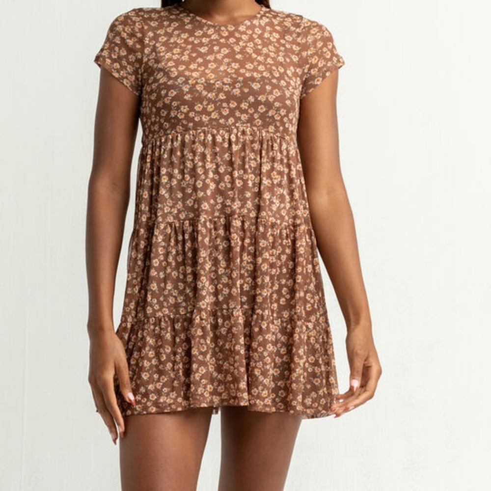 Sky and Sparrow Ditsy mesh Brown Babydoll Dress Tilly's
